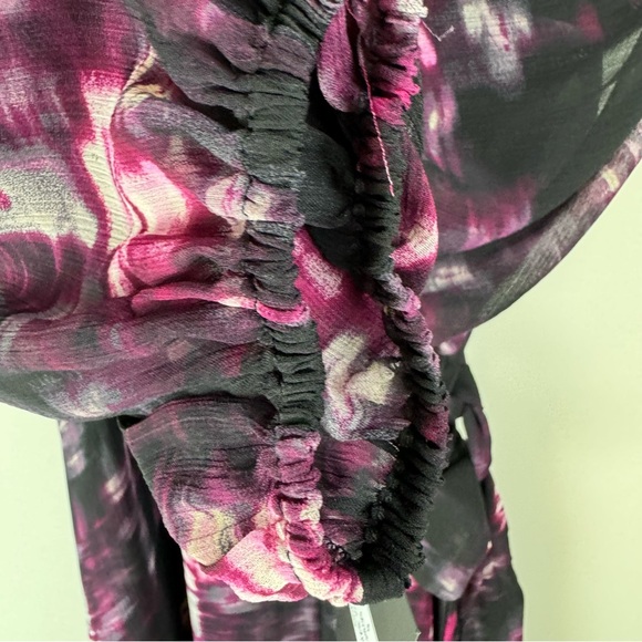 NWT DKNY Black Floral Wrap Mock Wrap Midi Dress Size 6 Sheer Long Sleeve - Picture 7 of 12